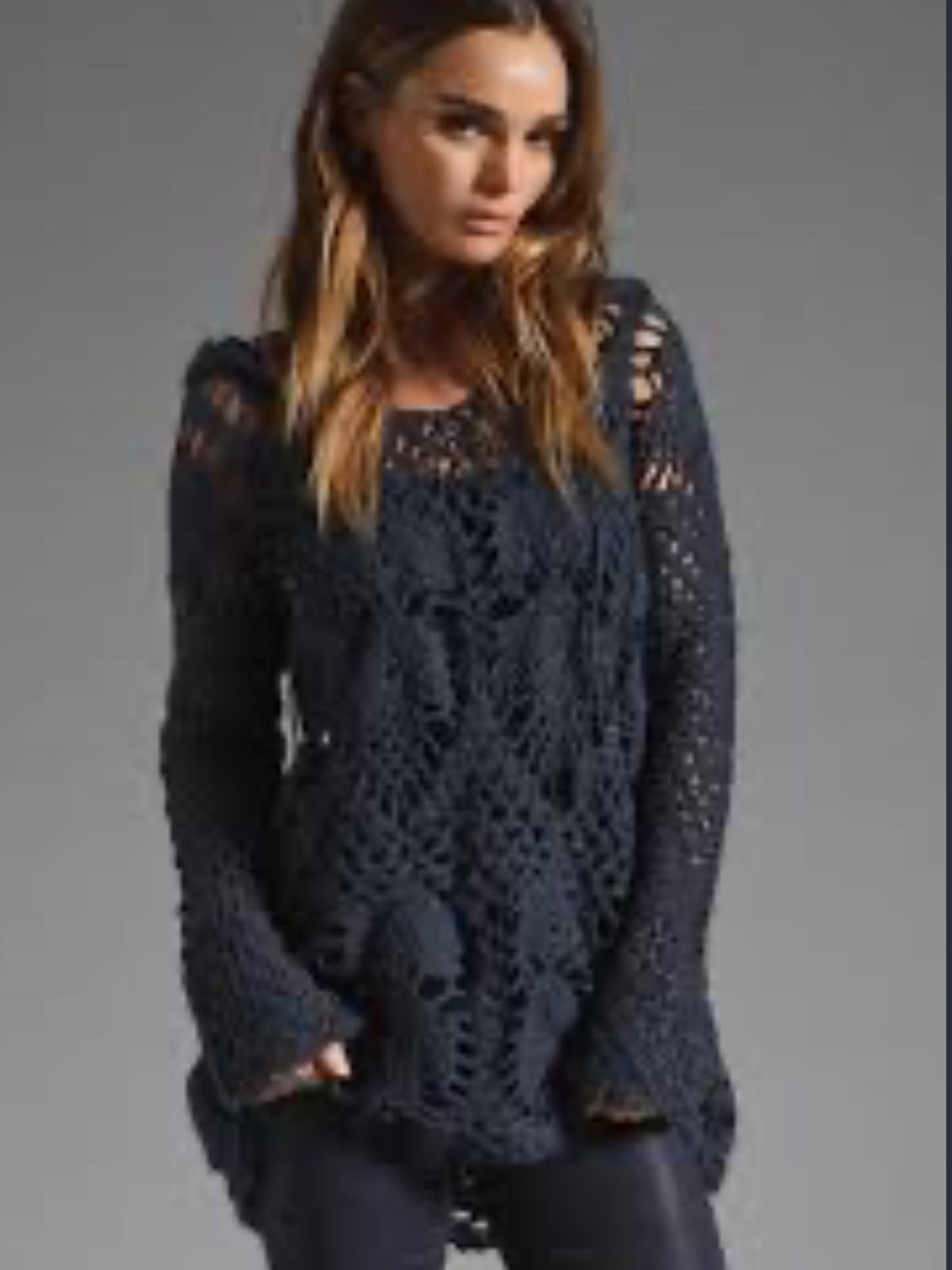 Free People Pacifica Hooded Navy Crochet Tunic Sweater size xs